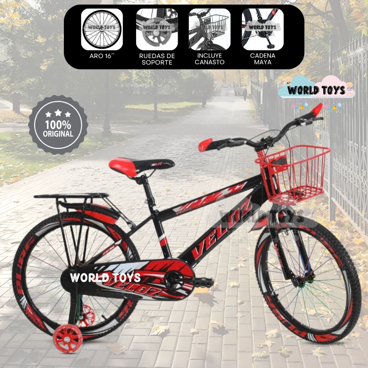 VELOX - Bicicleta Para Niño Aro 16 «SPORT VZ» con Canasta Black