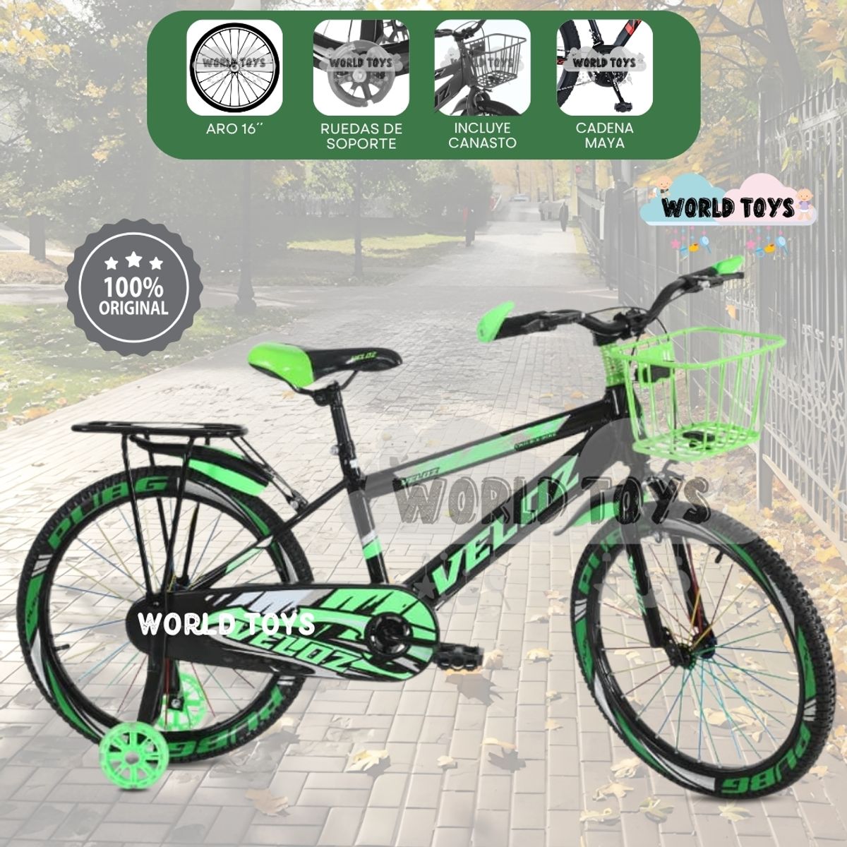 VELOX - Bicicleta Para Niño Aro 16 «SPORT VZ» con Canasta Green