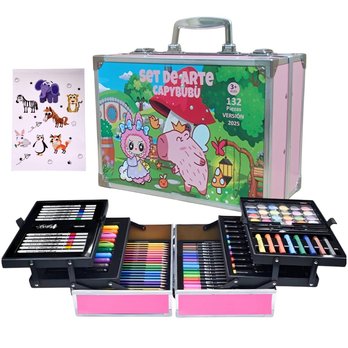 GENERICO - Set de Arte Maleta de Aluminio 132 Piezas touch y dual capybubu bosque