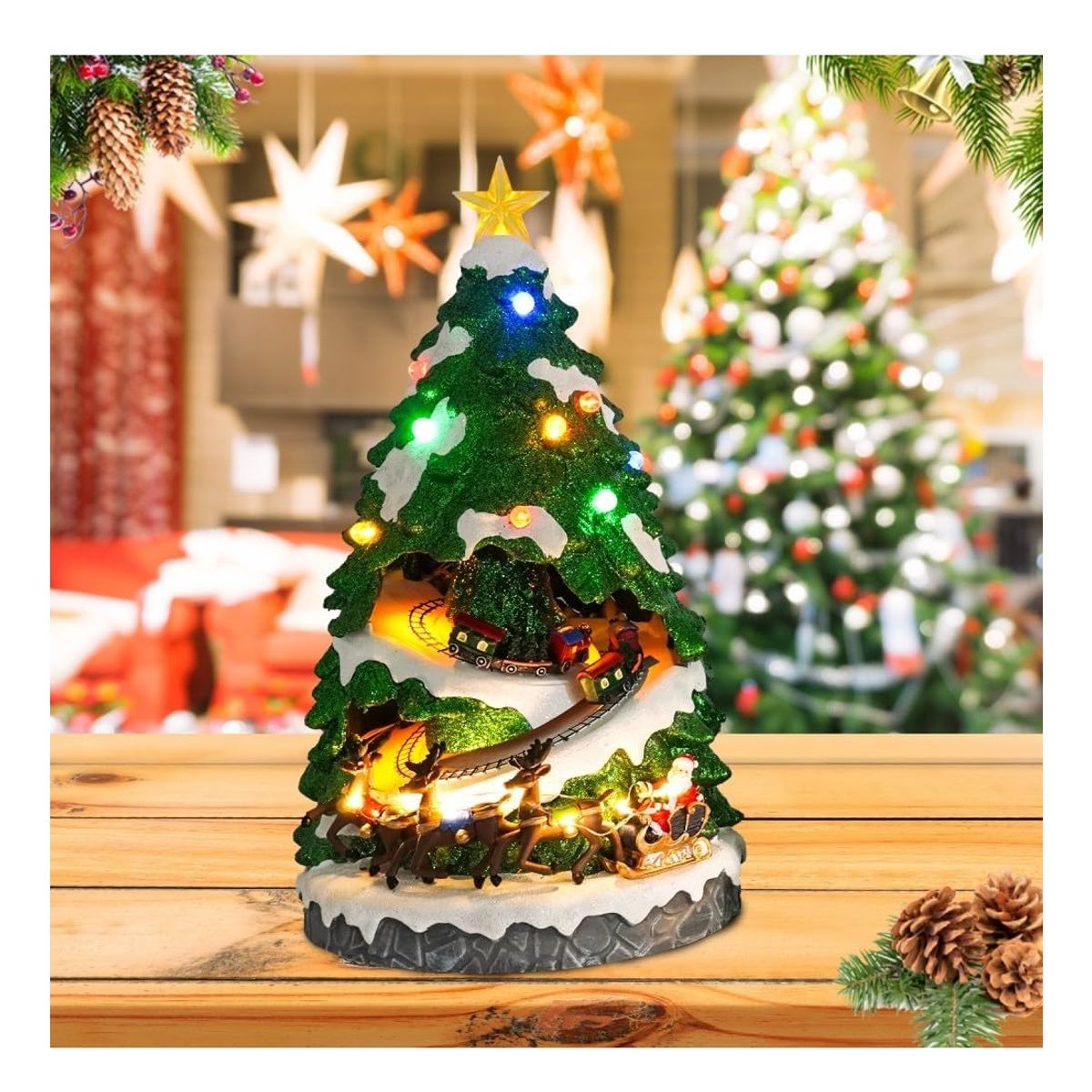 GENERICO - Villa Árbol Navideño Trenes Giratorios Trineo Papa Noel Musical Luces