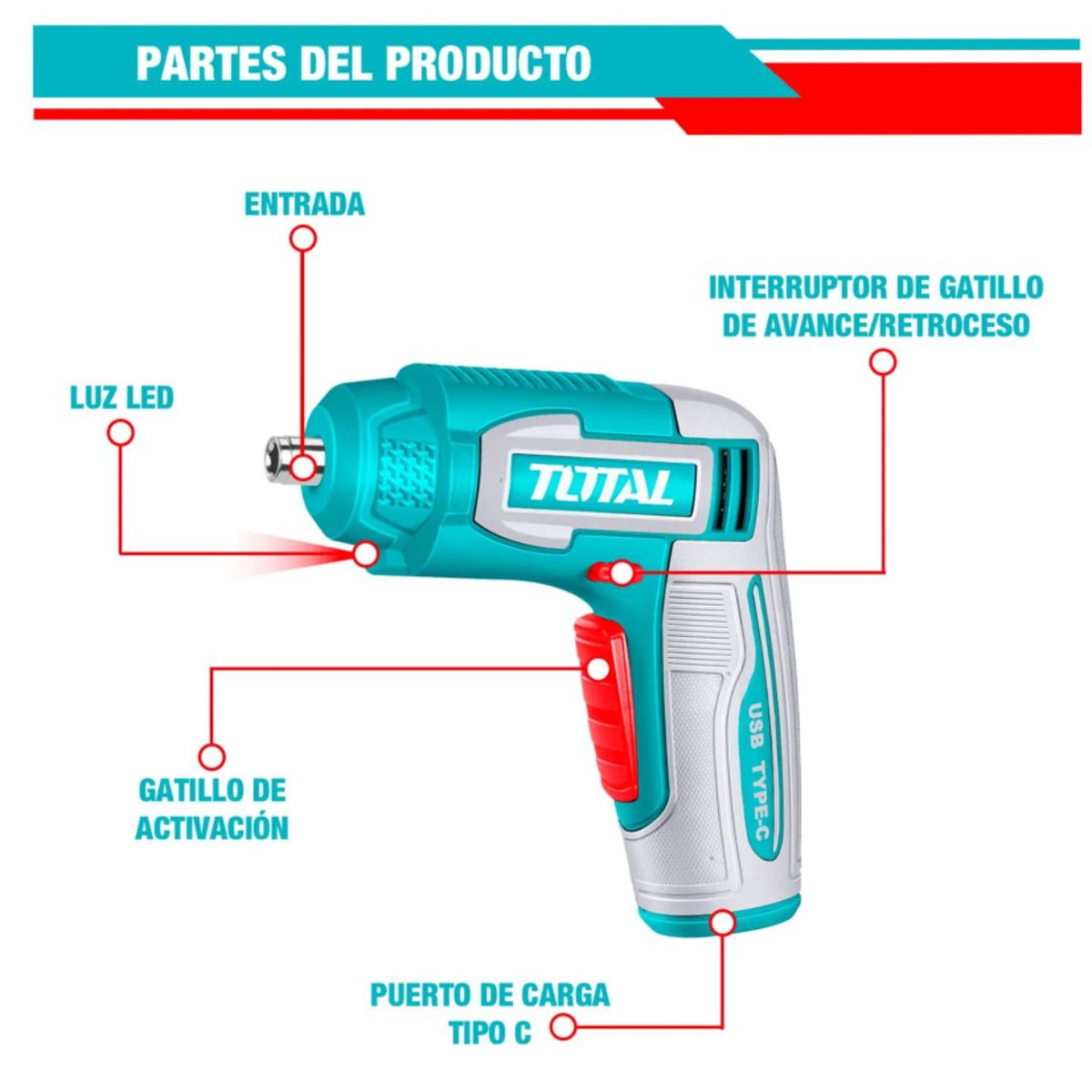 TOTAL TOOLS - Atornillador Tipo-c Hex14 240rpm + Accesorios - Tsdli0458