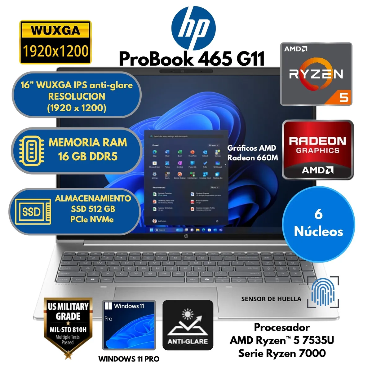 HP - Laptop HP AMD Ryzen 5 (ProBook 465 G11) RAM 16 GB SSD 512 GB 16" WUXGA IPS Windows 11 PRO