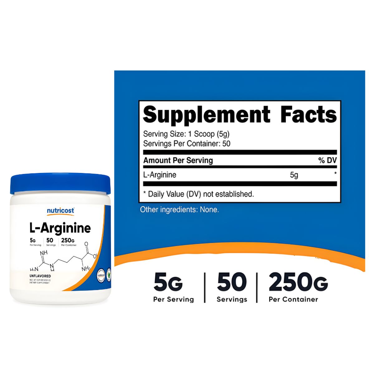 NUTRICOST - Arginina Nutricost - L Arginine Nutricost 250 g - 50 servicios