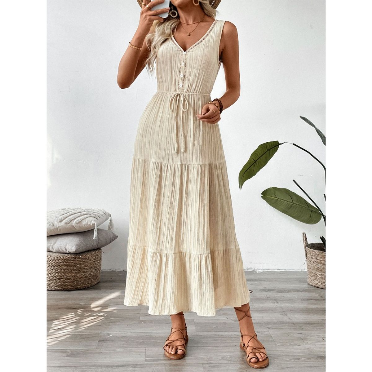 GIOIO - Vestido Mujer Casual Versátil y Cómodo Beige