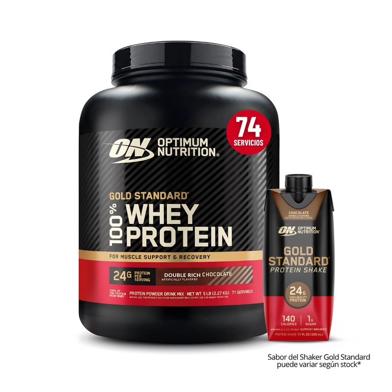 OPTIMUN NUTRITION - Gold Standard Whey 5 LB - Double Rich Chocolate + Bebible Shake Gold Standard 325 ml