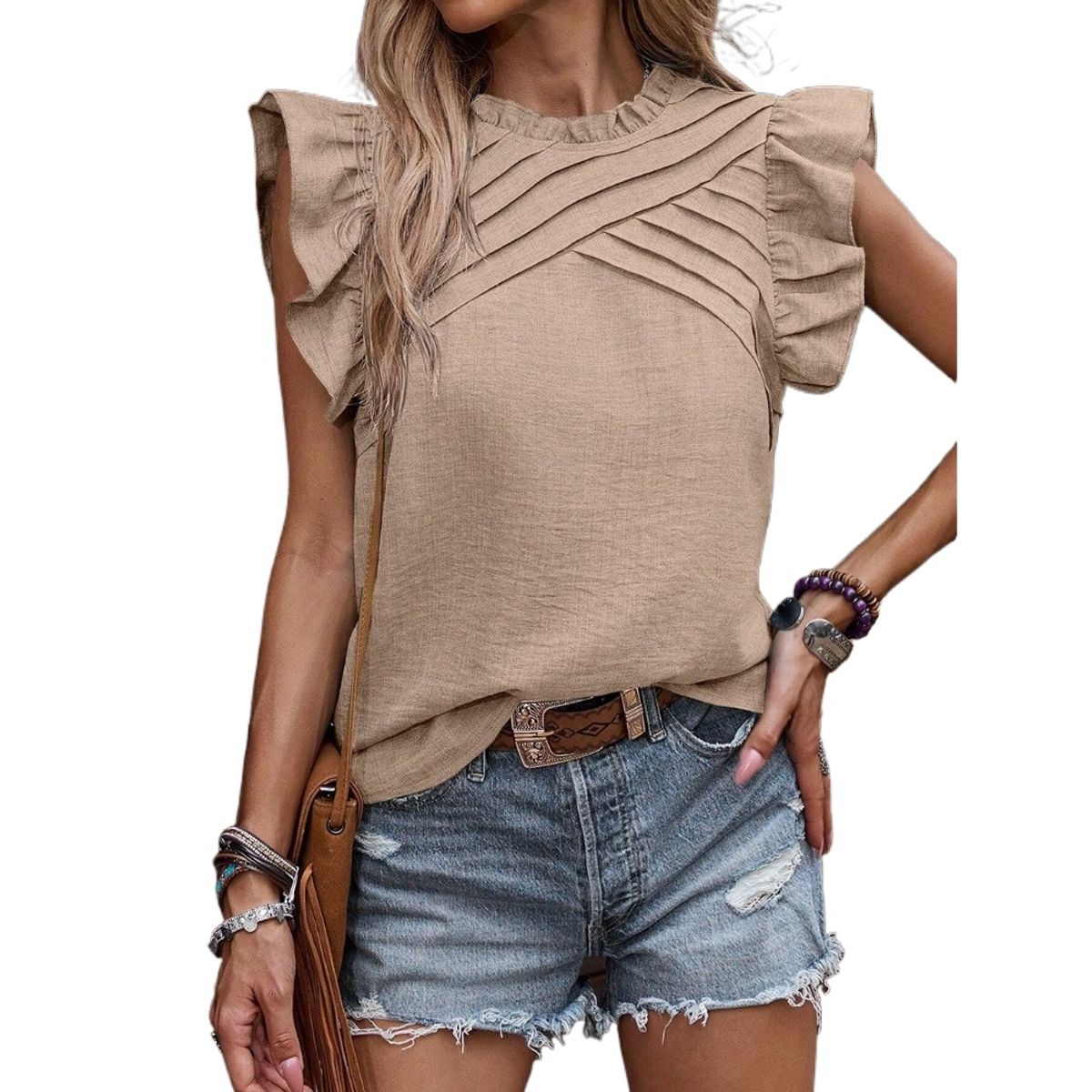 GIOIO - Blusa Mujer Casual Ajustada Elegante Beige