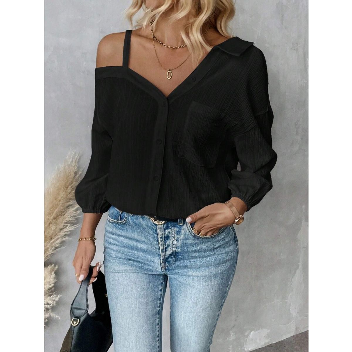 GIOIO - Blusa Mujer Casual Ajustada Elegante Negro