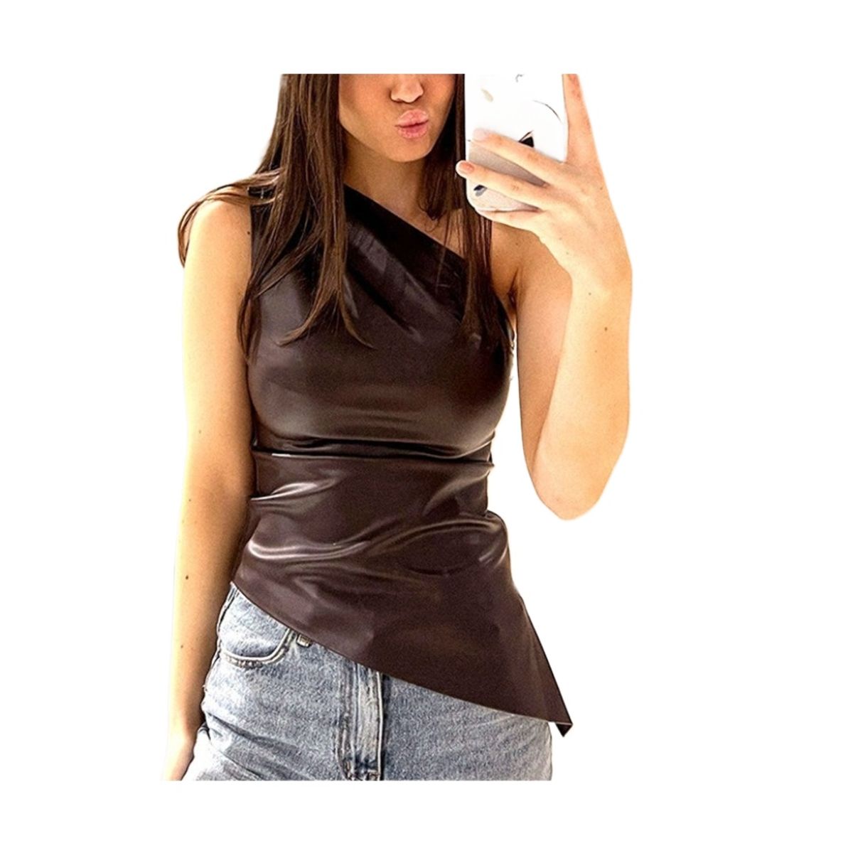 GIOIO - Blusa PU Mujer Casual Verano Marrón