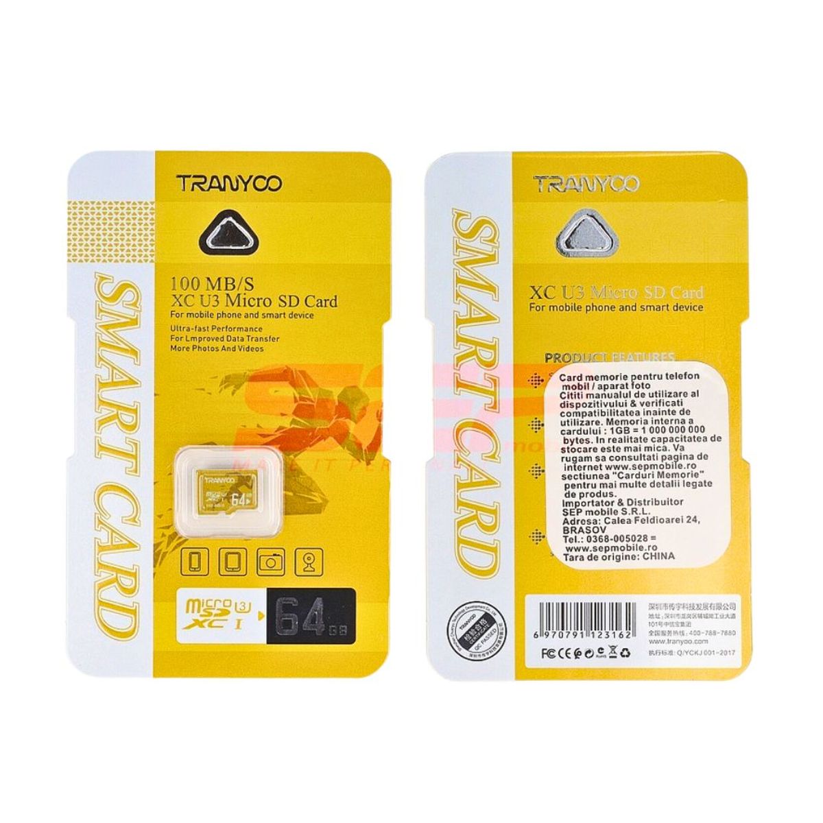 TRANYOO - Tarjeta Micro SD 64GB Tranyoo U3 100MB/s Clase 10 para Cámaras, Celulares, Drones y 4K