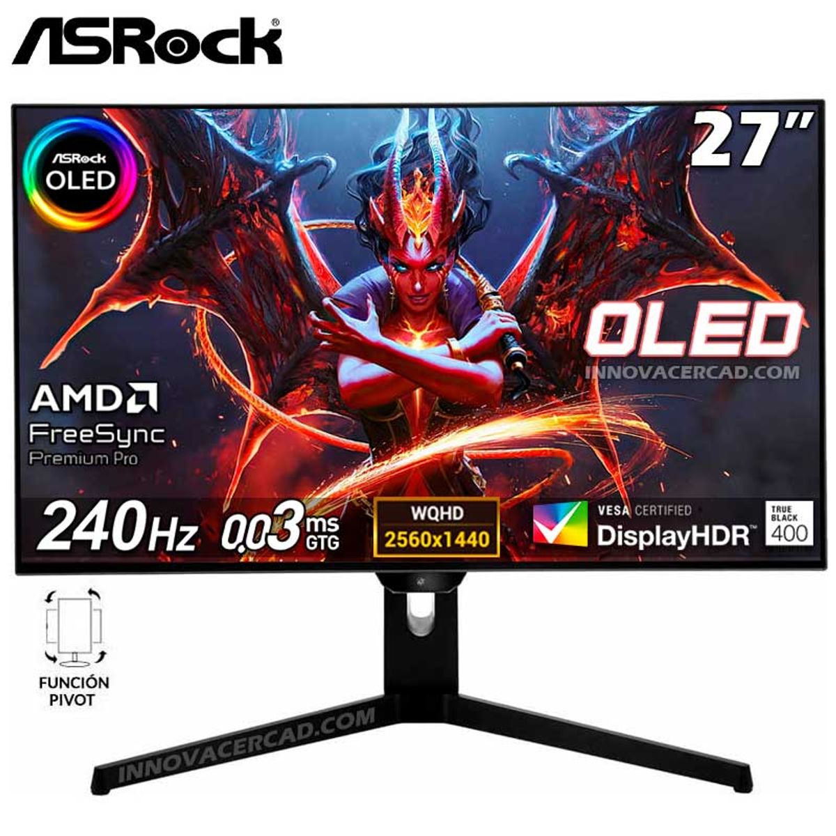 ASROCK - Monitor OLED Asrock PG027QFS 27 QHD 2K 240HZ 03ms DisplayHDR 400, Pivot