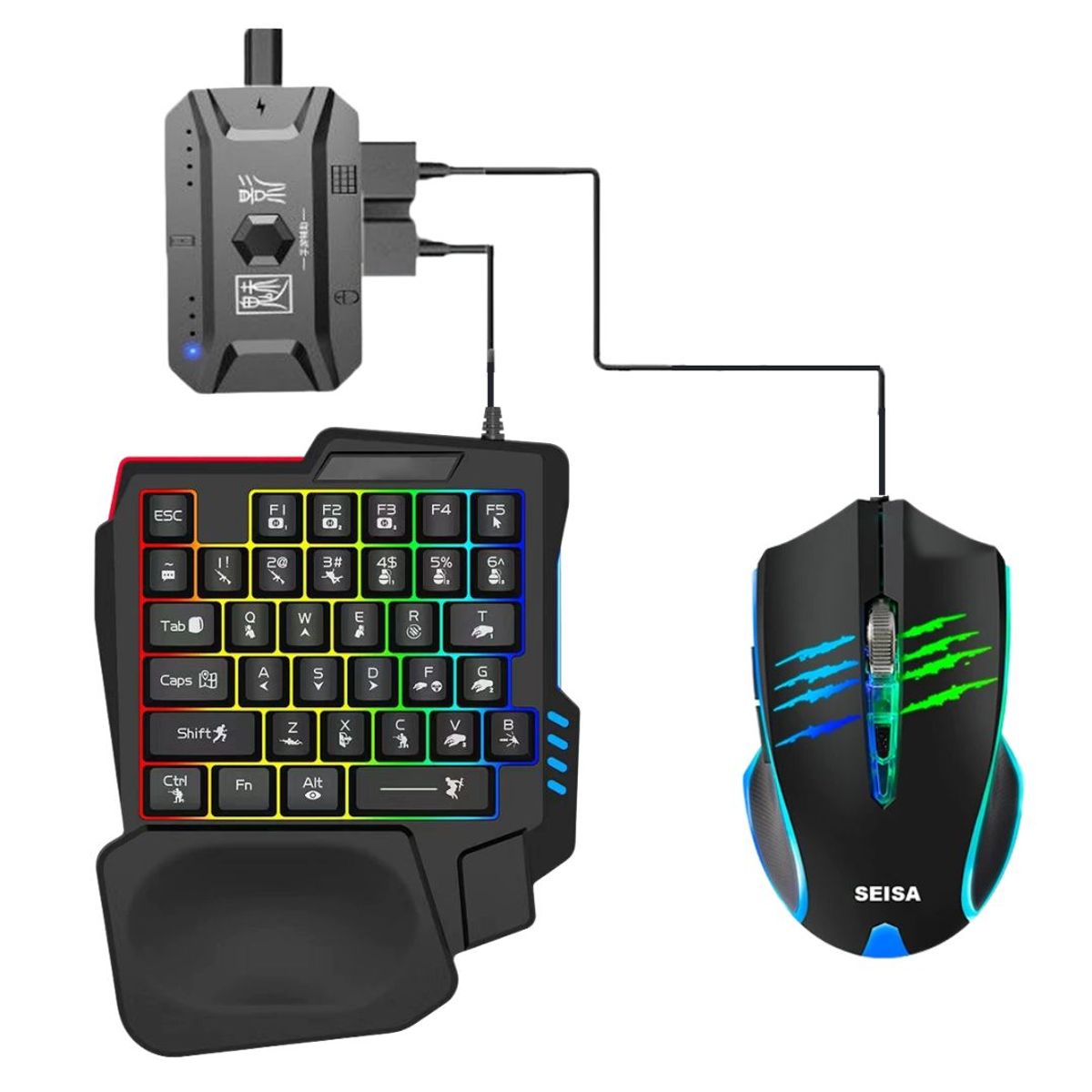 SEISA - Kit Gamer para Celular SEISA 4 en 1 con Teclado, Mouse, Luz RGB y Adaptador Bluetooth Android iOS PC