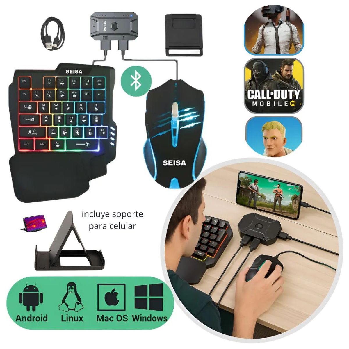 SEISA - Kit Gamer para Celular SEISA 4 en 1 con Teclado, Mouse, Luz RGB y Adaptador Bluetooth Android iOS PC