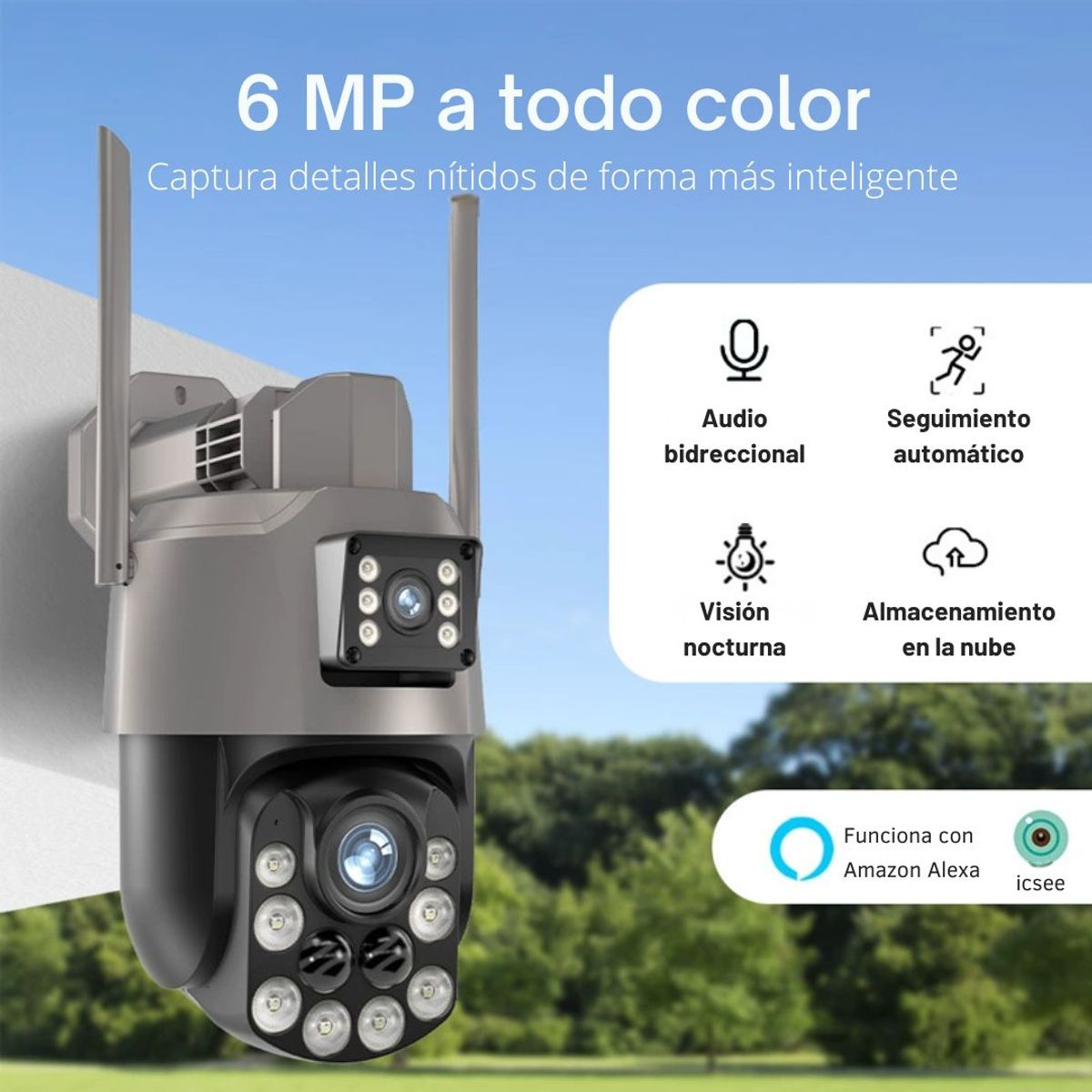 GENERICO - Cámara de Seguridad WiFi PTZ 360° UHD Doble Lente con Zoom Óptico 36X Visión Nocturna Audio y Sirena