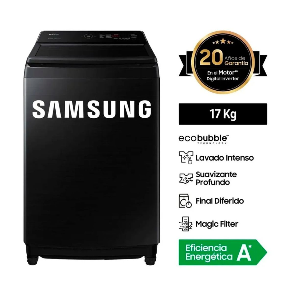 SAMSUNG - LAVADORA SAMSUNG ECOBUBBLE 17KG WA17CG6441BVPE NEGRO