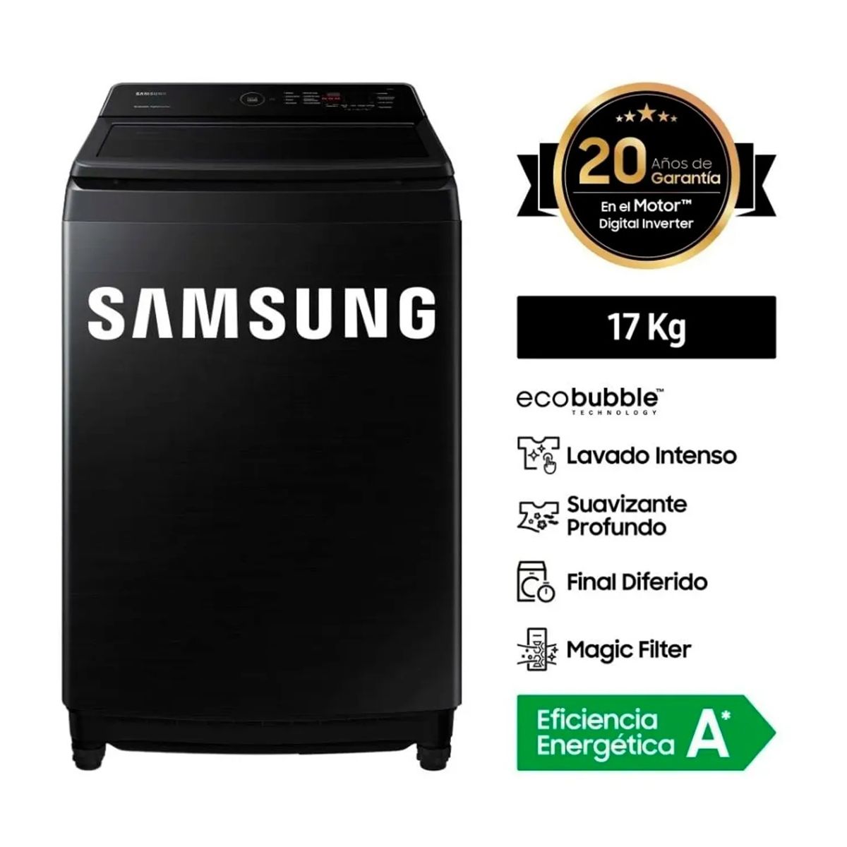 SAMSUNG - LAVADORA SAMSUNG ECOBUBBLE 17KG WA17CG6441BVPE NEGRO