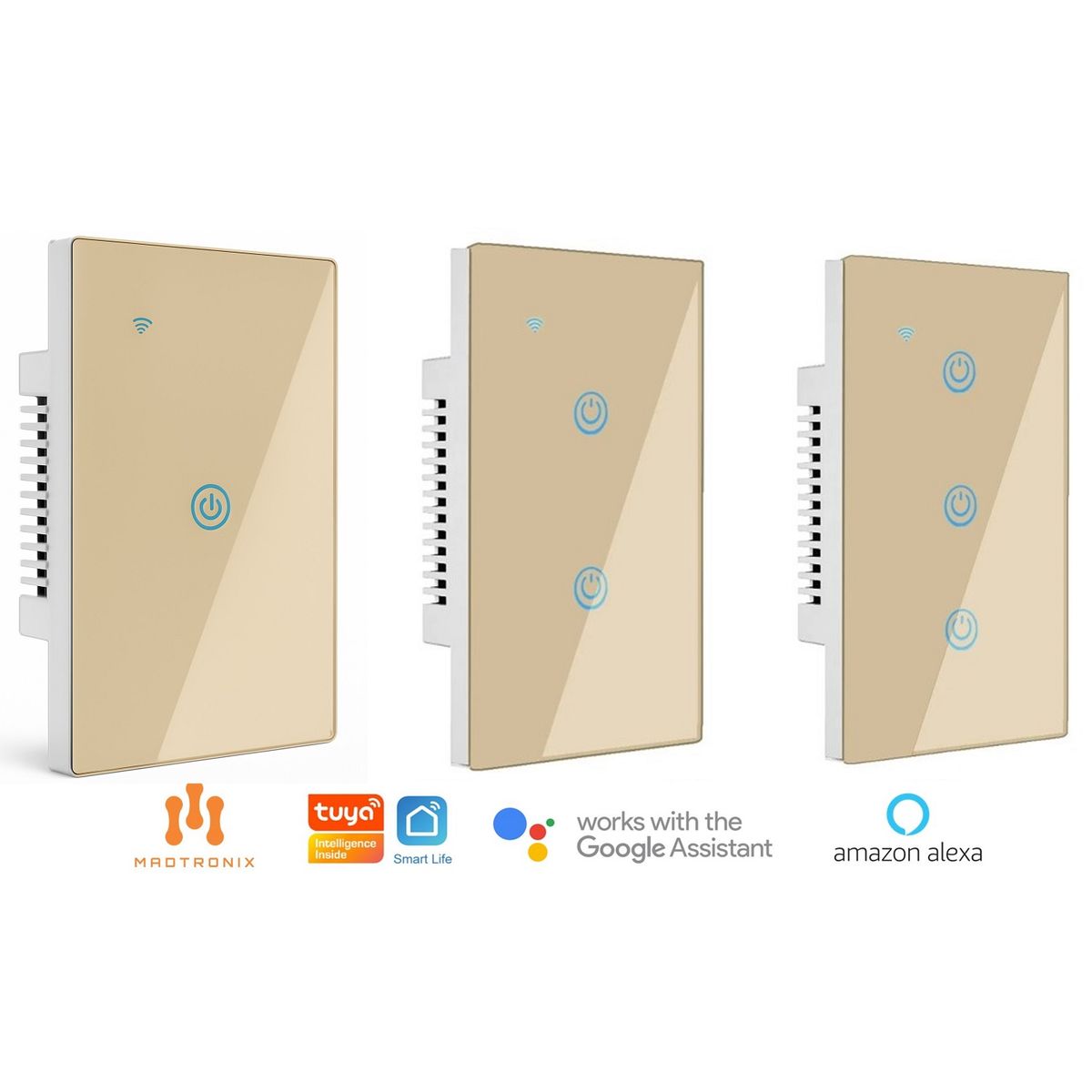 MADTRONIX - Interruptor Inteligente de Luz  Sin Neutro Google y Alexa Pack x 3 Dorado