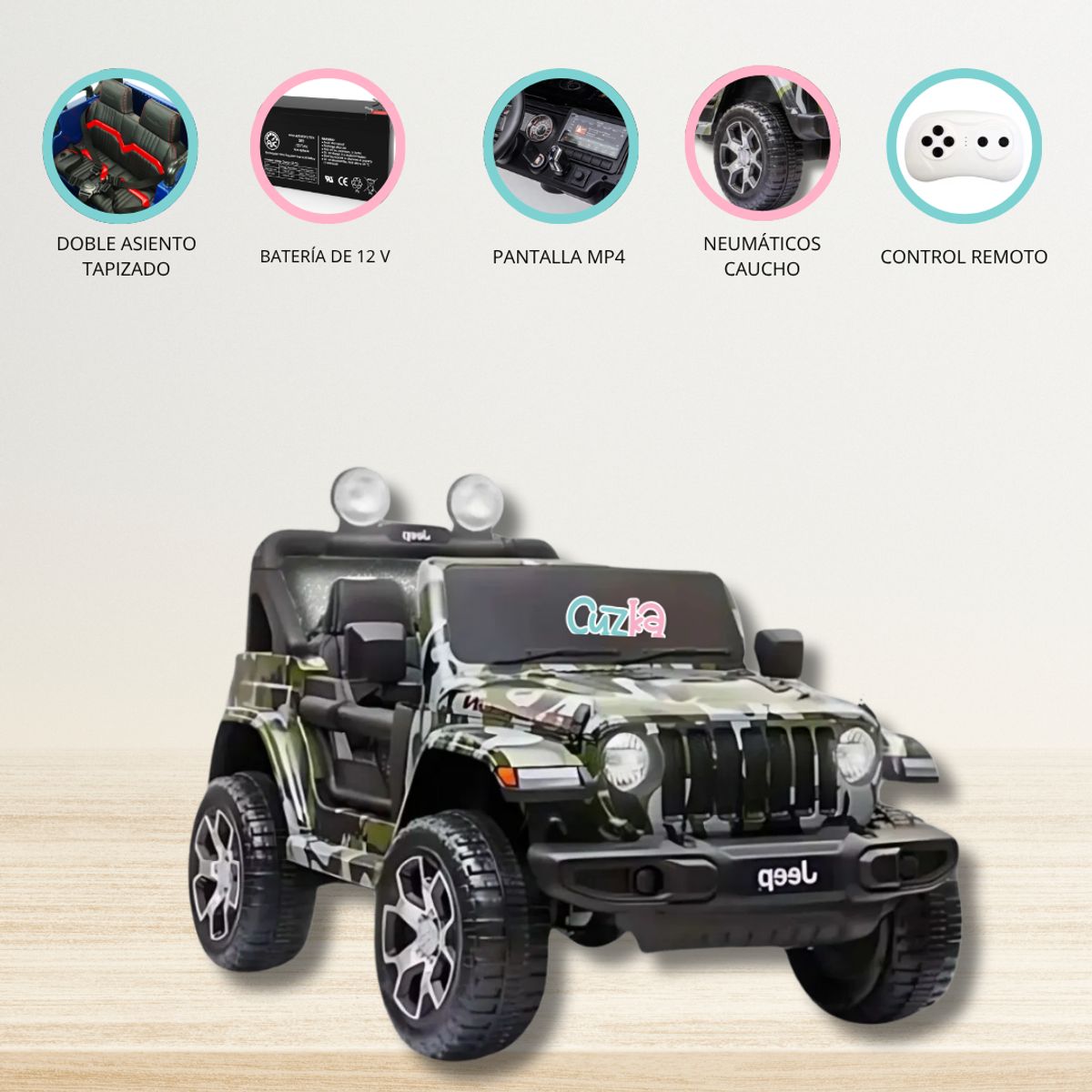 JEEP - Carro a Batería JEEP «RUBICON» Camuflado Licenciado Pantalla MP4