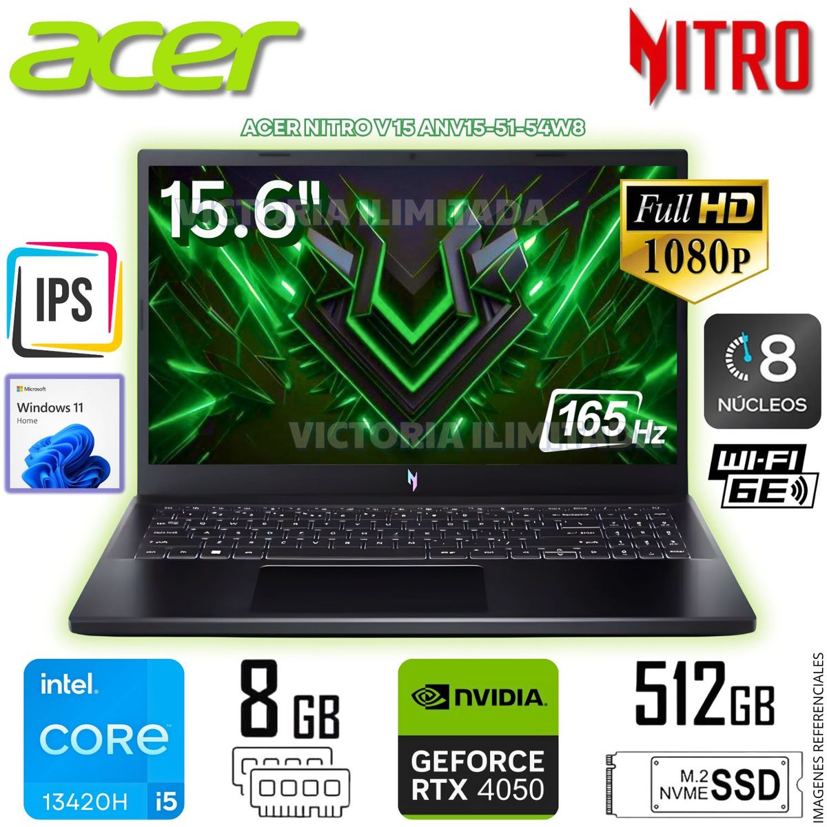 ACER - Laptop Gamer Acer Nitro V15 Core i5-13420H 8GB RAM 512GB SSD 15.6 FHD RTX4050-6GB w11 home ANV15-51-54W8