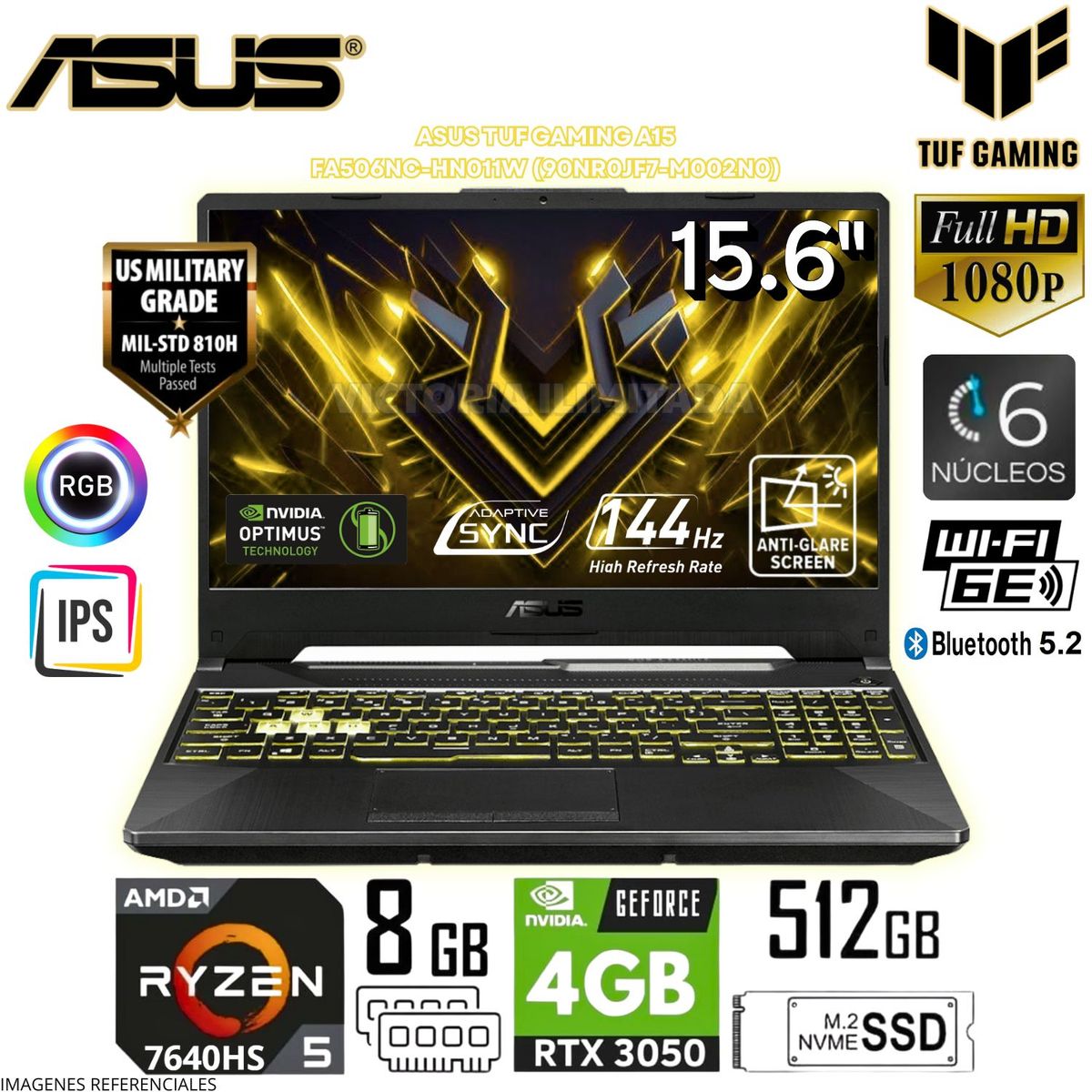 ASUS - Laptop Asus TUF GAMING FA506NC-HN011W AMD Ryzen 5 7535HS 8GB RAM 512GB SSD 15.6" FHD RTX3050 4GB