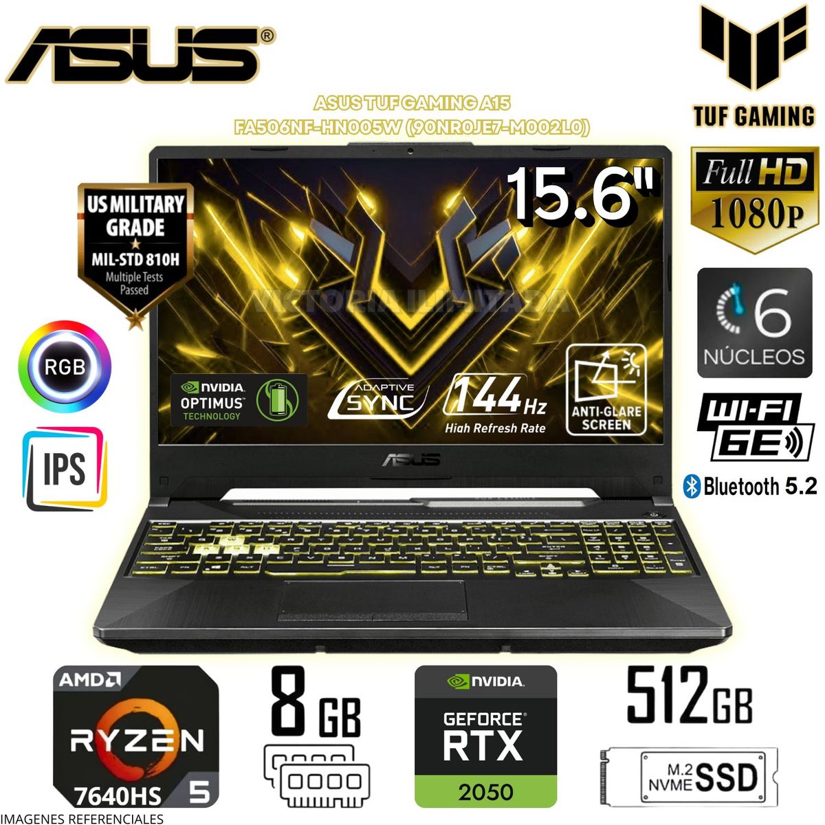 ASUS - Laptop ASUS TUF Gaming A15 AMD Ryzen 5 7535HS 8GB RAM 512GB SSD 15.6" FHD RTX2050-4GB FA506NF-HN005W
