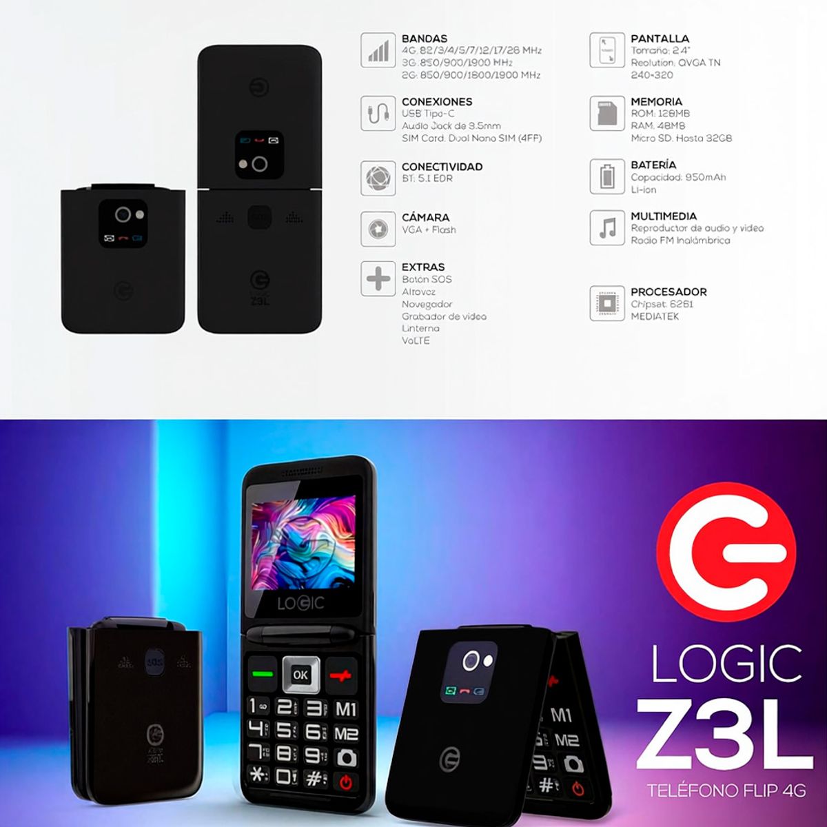 LOGIC - Logic Z3L 4G Celular Plegable Boton SOS Bluetooth Radio FM