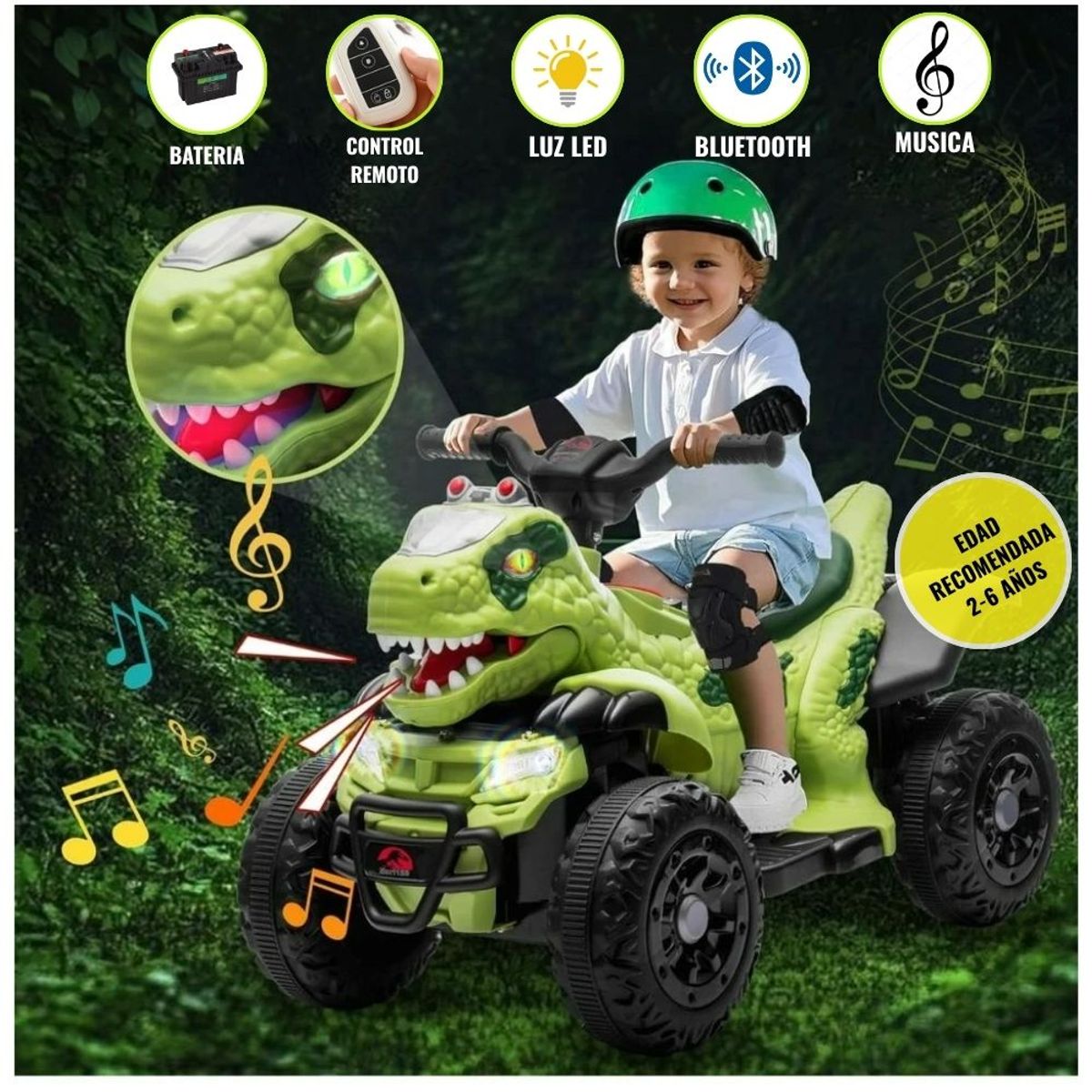 GENERICO - Moto Cuatrimoto a Batería para Niños Dinosaurio con Control Remoto Bluetooth y Musica Verde