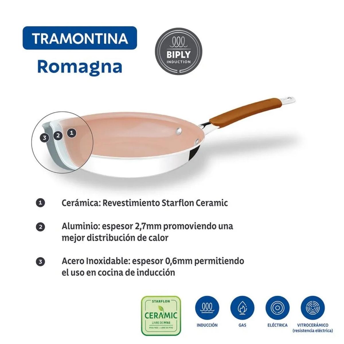 TRAMONTINA - Sarten de Acero Inox y Aluminio con ceramica Romagna Marfil Tramontina 20 cm