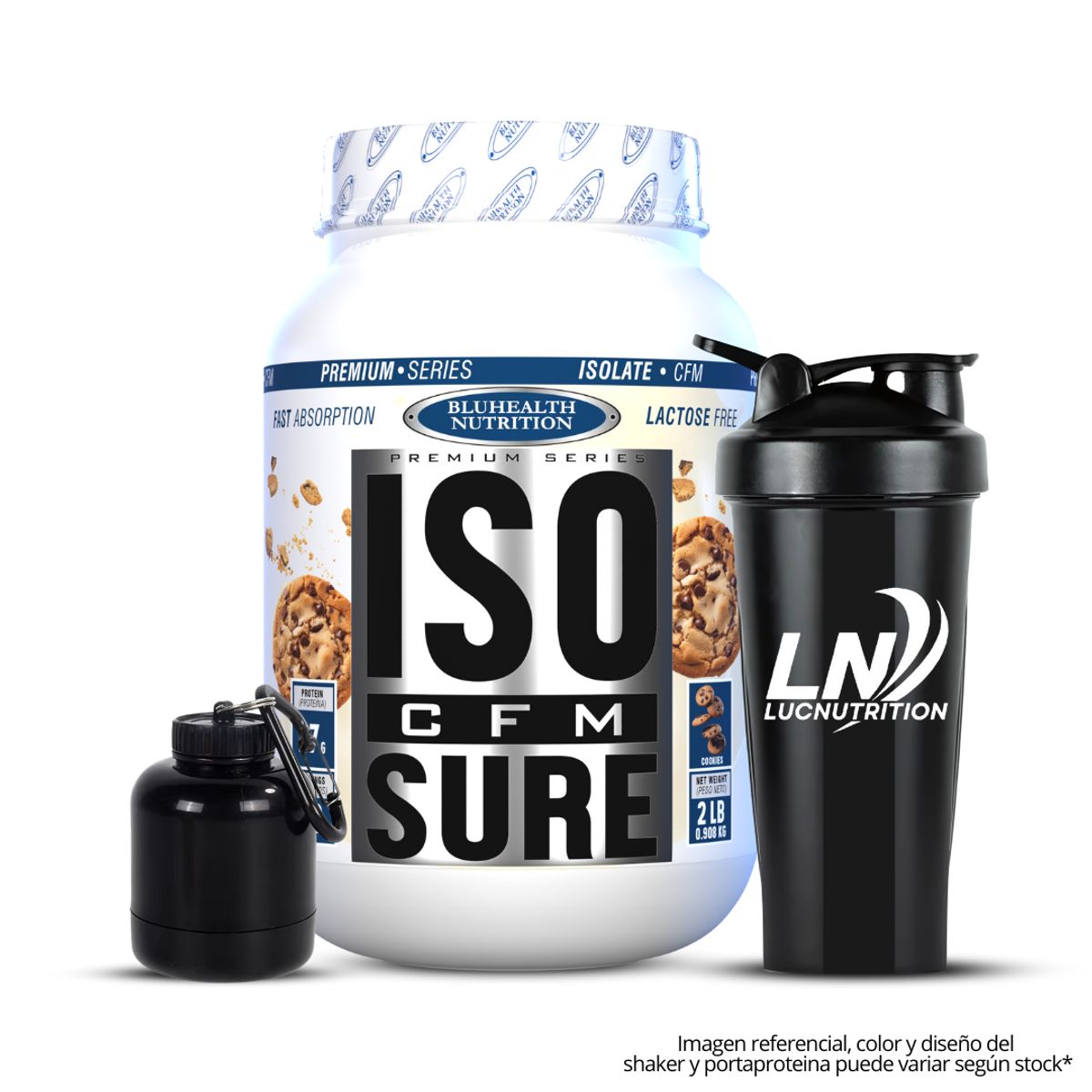 GENERICO - ISO CFM SURE 2 LB Bluhealth Nutrition - Cookie and cream + Shaker + Portaproteina