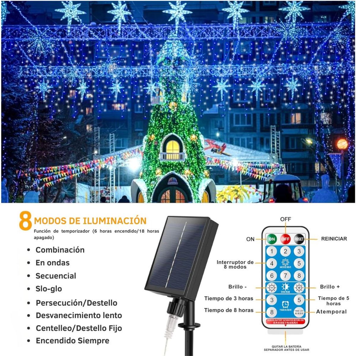 ARTEZA - Guirnalda Solar 12 Metros 460 LED Azul con Control Remoto