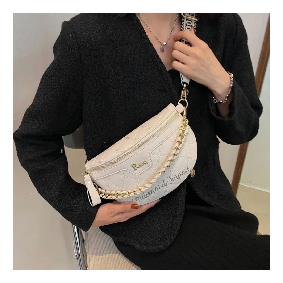 GENERICO - Bolso Canguro Blanco de Dama con Doble Correa Práctico Sofisticado