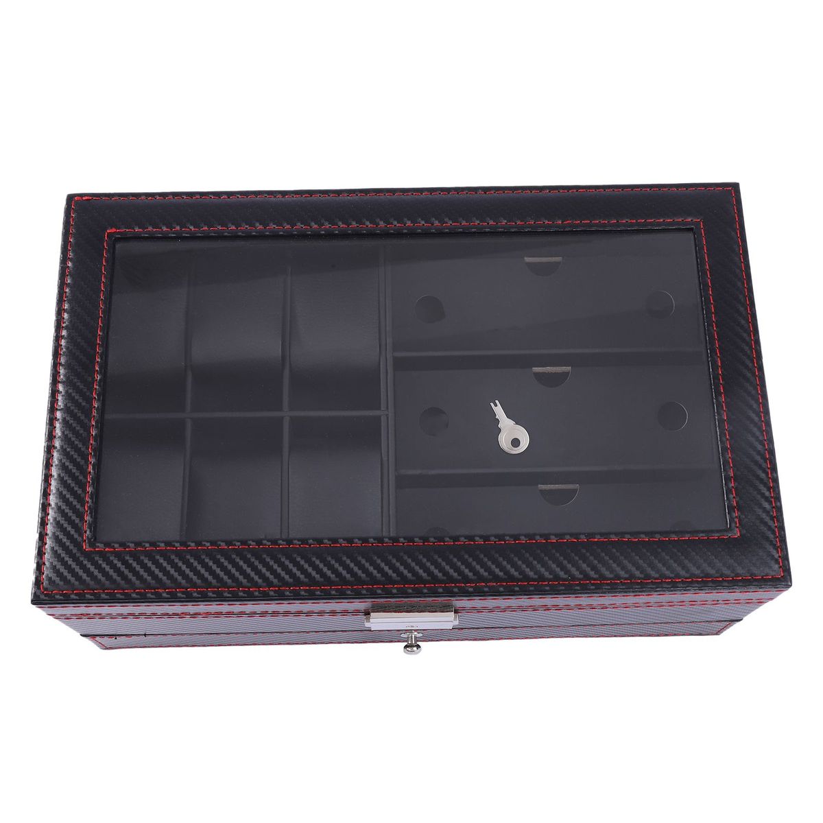 GENERICO - Relojero de 2 Niveles Fibra de Carbono PU con 6 Soportes para Reloj 3 Ranuras para Gafas con Joyero