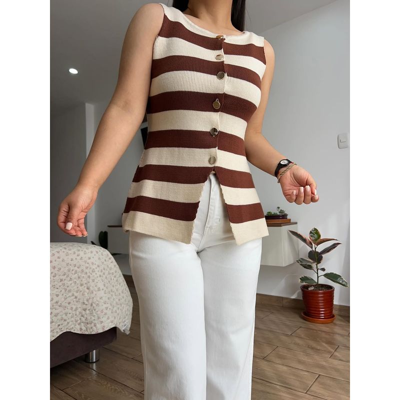 GENERICO - Chaleco Tejido de Hilo Importado a Rayas con 6 Botones