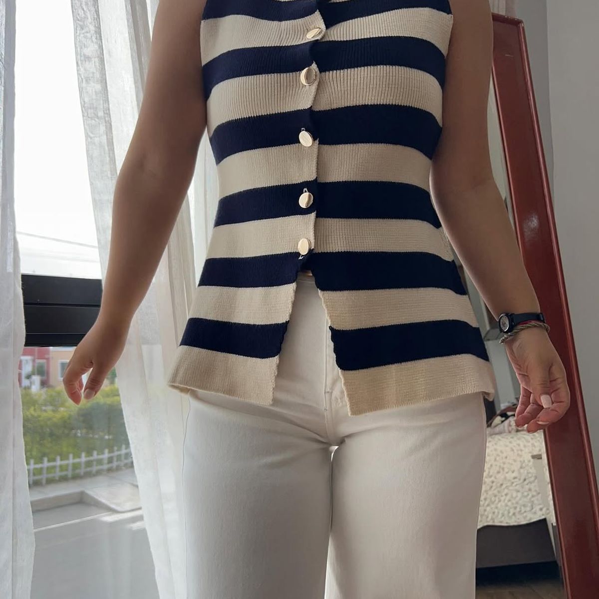 GENERICO - Chaleco Tejido de Hilo Importado a Rayas con 6 Botones