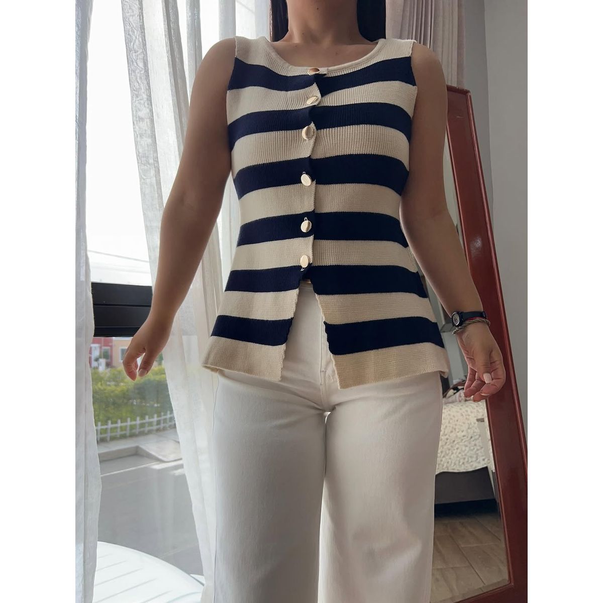 GENERICO - Chaleco Tejido de Hilo Importado a Rayas con 6 Botones