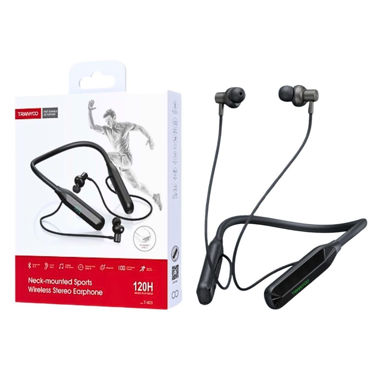 TRANYOO - Audífonos Bluetooth Deportivos TRANYOO T-M28 con Pantalla LED, Tarjeta TF, Batería 120 h y Micrófono