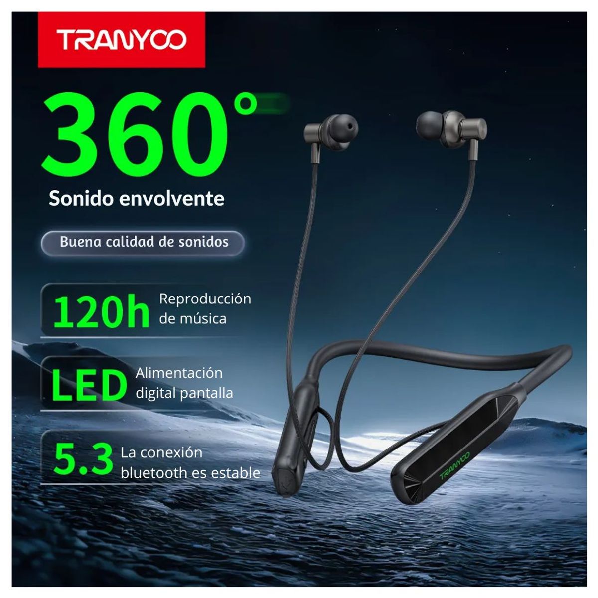 TRANYOO - Audífonos Bluetooth Deportivos TRANYOO T-M28 con Pantalla LED, Tarjeta TF, Batería 120 h y Micrófono