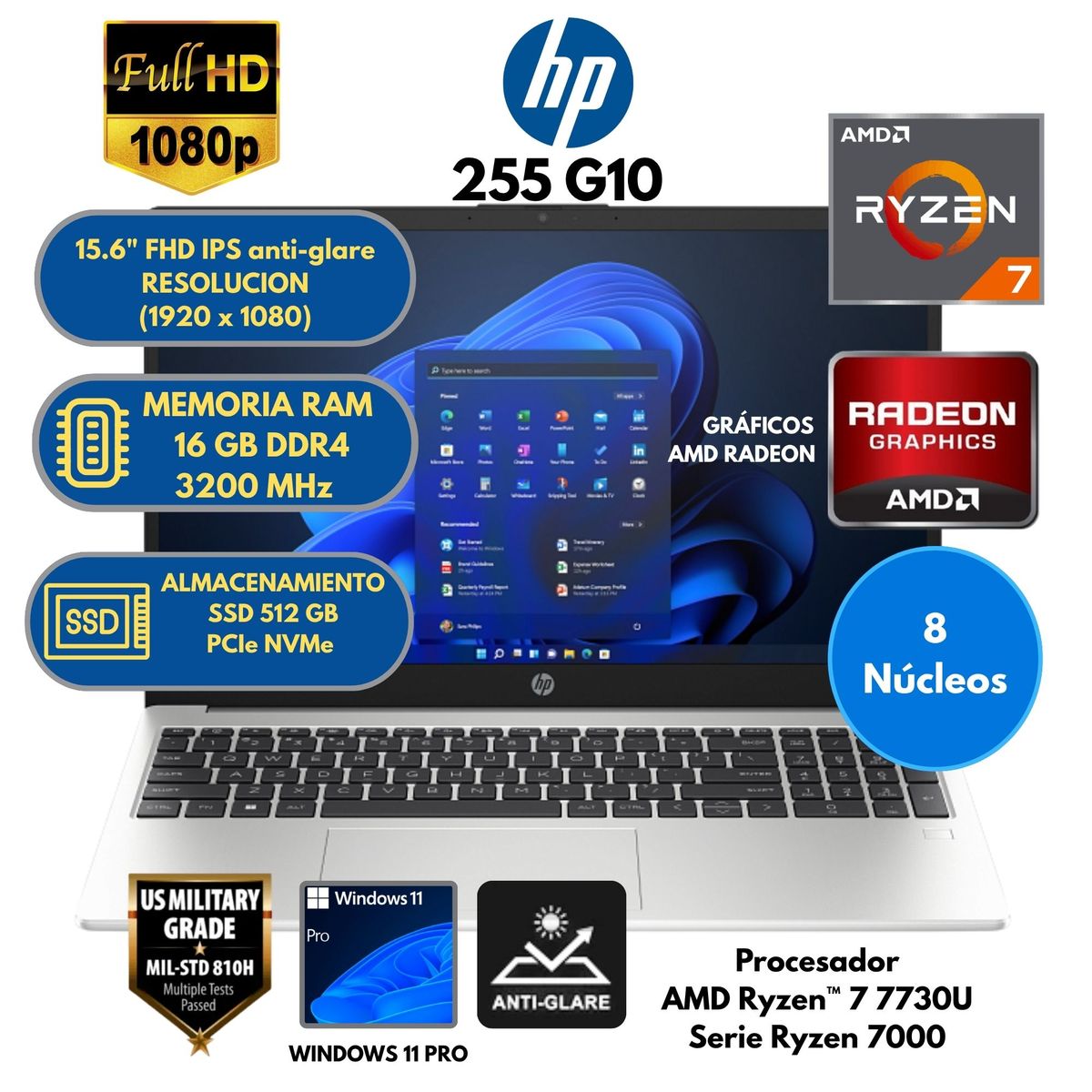 HP - Laptop HP AMD Ryzen 7 (255 G10) RAM 16 GB SSD 512 GB 15.6" FHD Windows 11 PRO