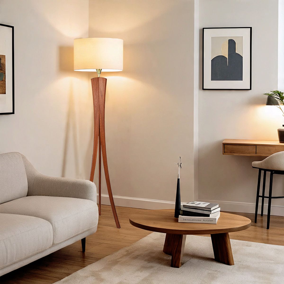 GENERICO - Lámpara de pie Trípode de Madera Safo Hueso