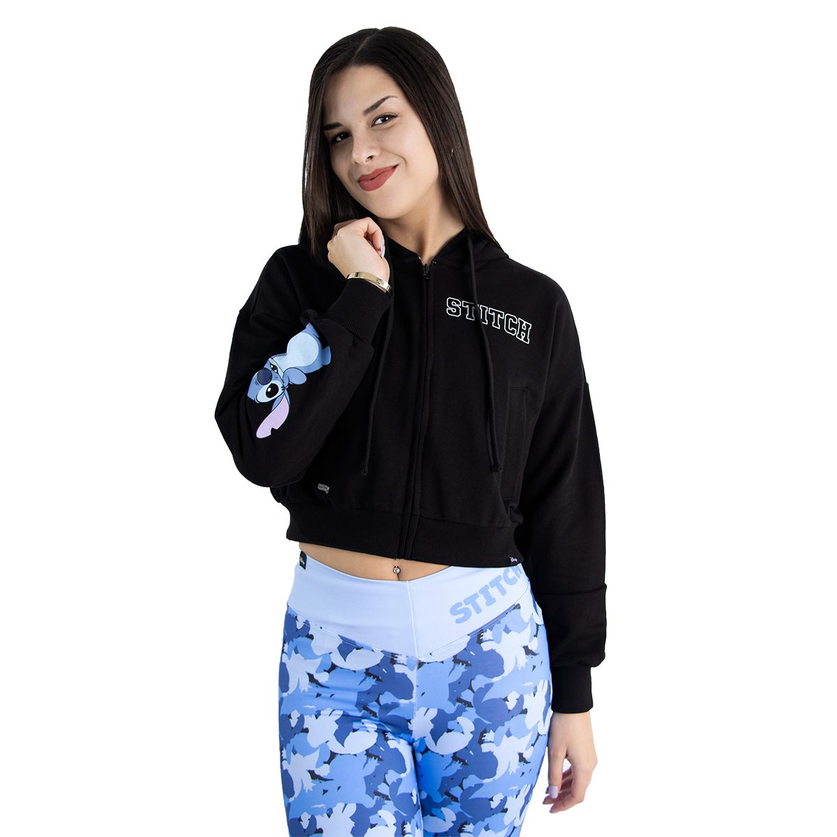 LILO & STITCH - Polera Mujer Lilo Y Stitch Manga Larga Crop French Terry Negro