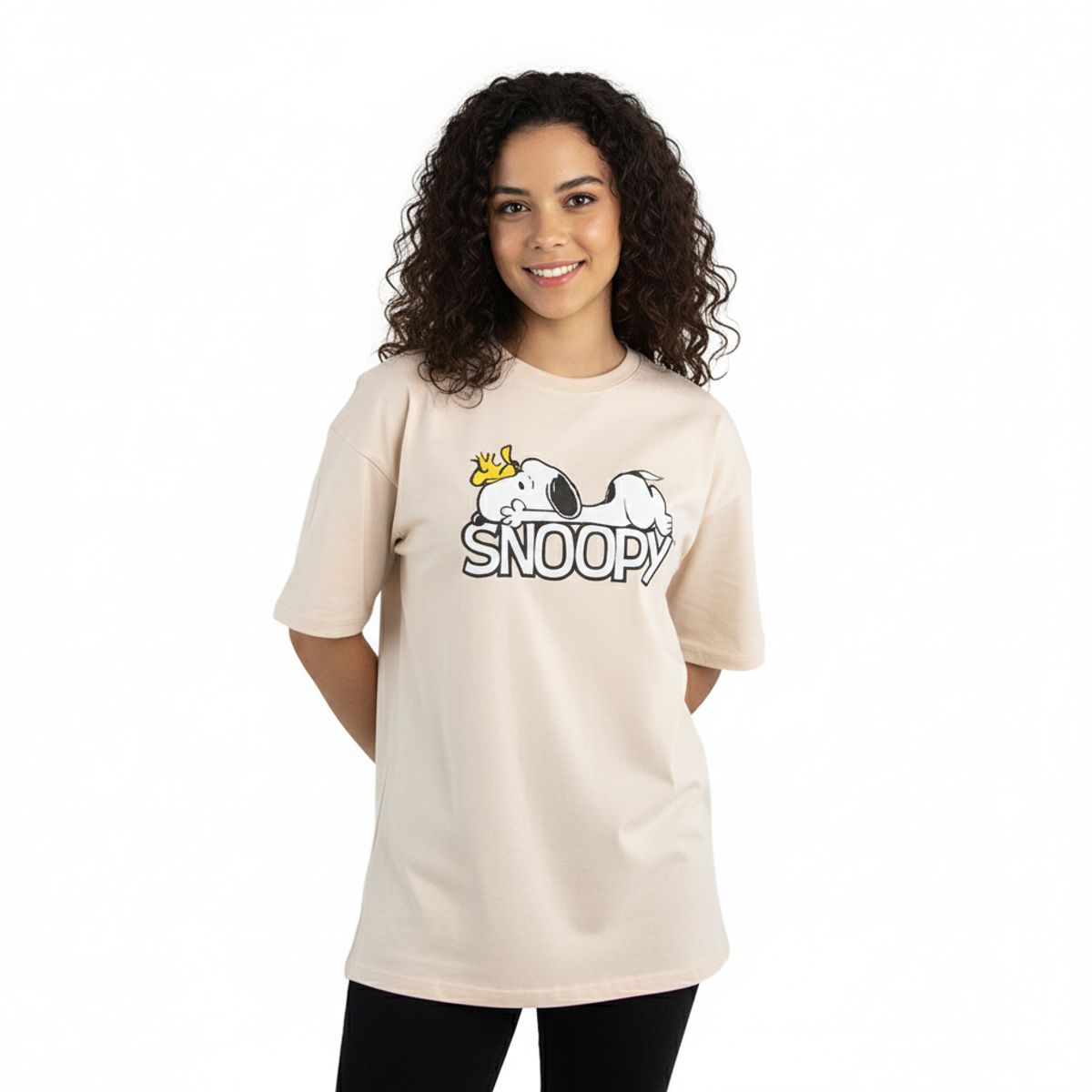 SNOOPY - Polo Mujer Snoopy Manga Corta Oversize Algodón Beige