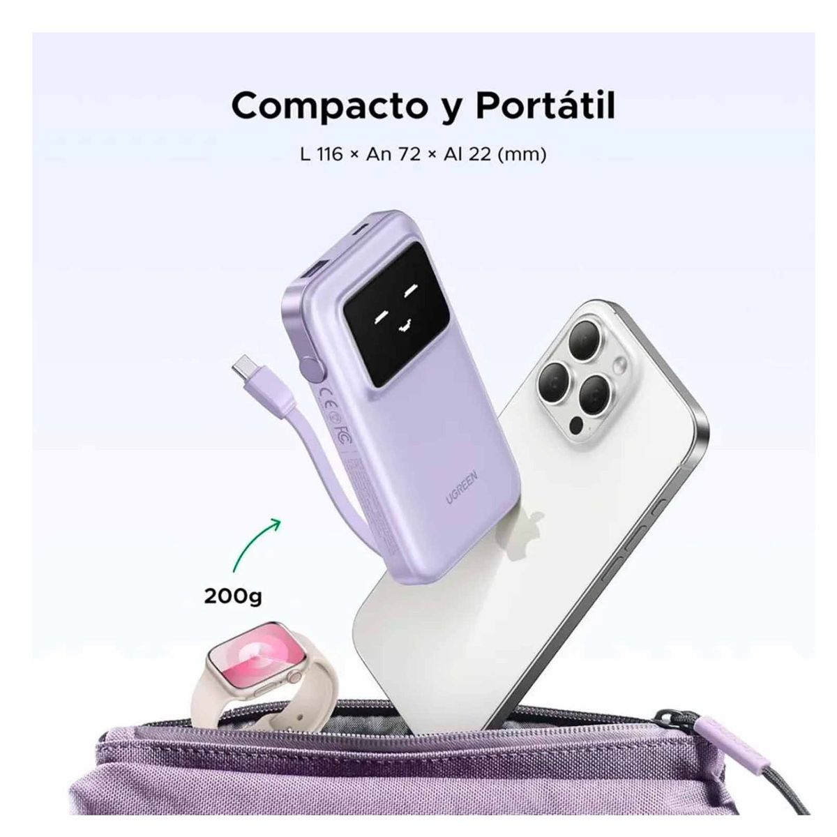 UGREEN - Power Banck UGREEN de 10000 mAh con cable incorporado PB511 morado
