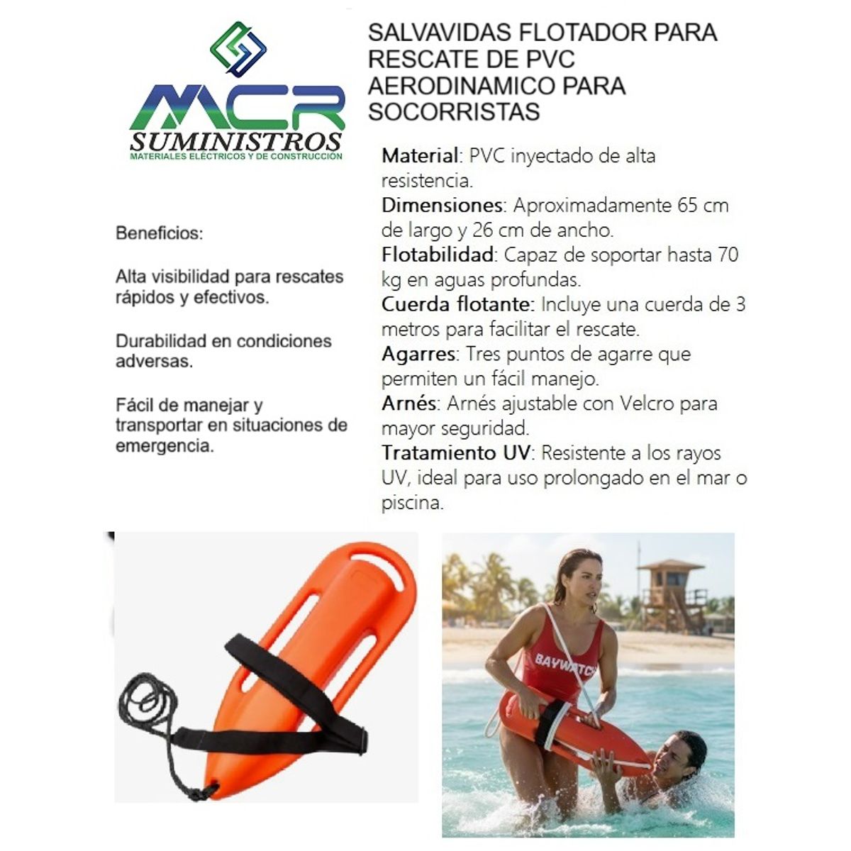 GENERICO - SALVAVIDAS FLOTADOR TORPEDO PARA RESCATE DE PVC AERODINAMICO PARA SOCORRISTAS