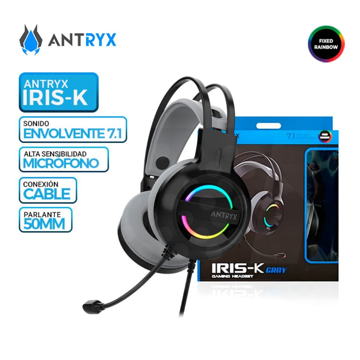 ANTRYX - AURICULAR ANTRYX IRIS-K GRAY, 7.1 VIRTUAL SURROUND, USB, RAINBOW