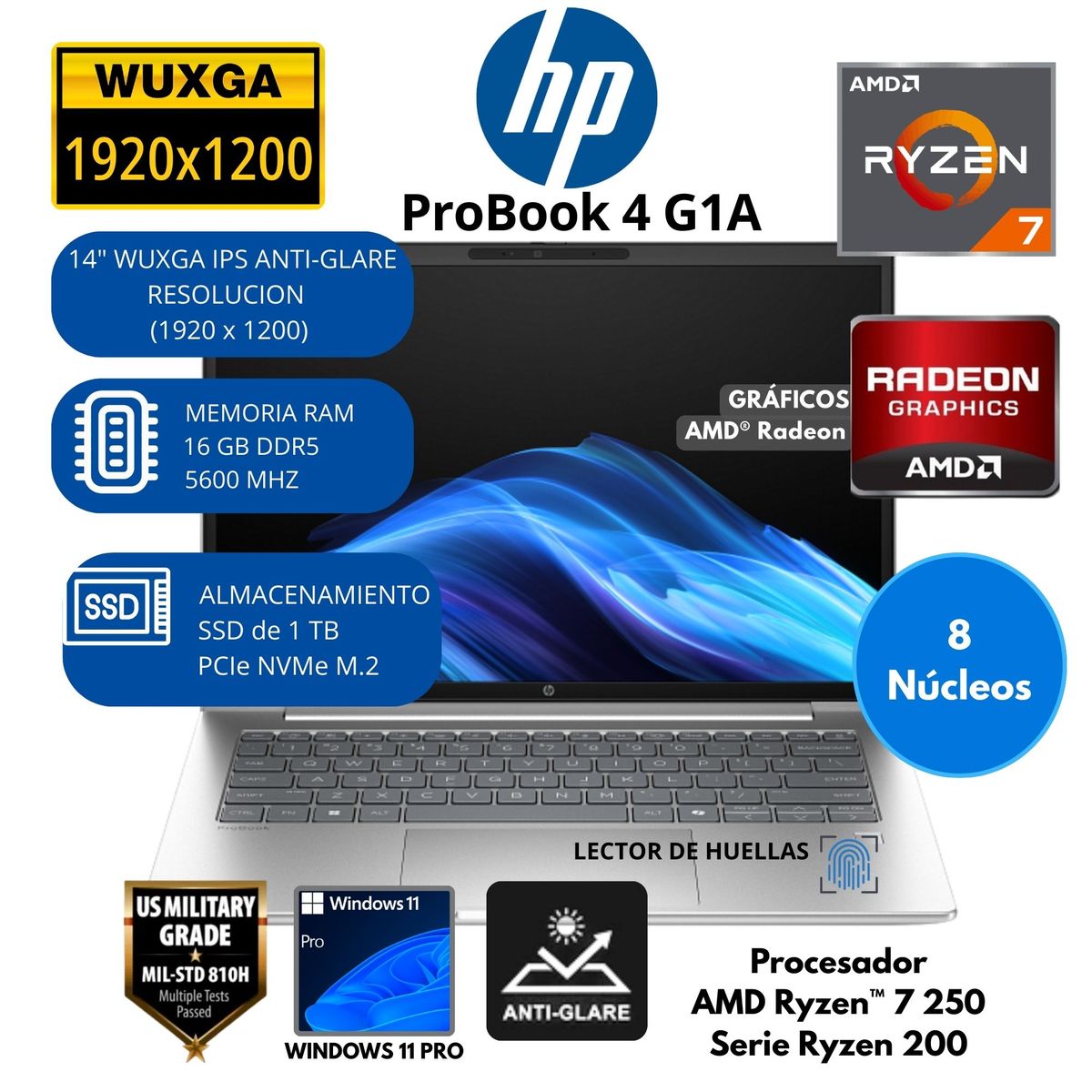 HP - Laptop HP AMD Ryzen 7 (ProBook 4 G1A) RAM 16 GB SSD 1 TB 14"WUXGA Windows 11 PRO