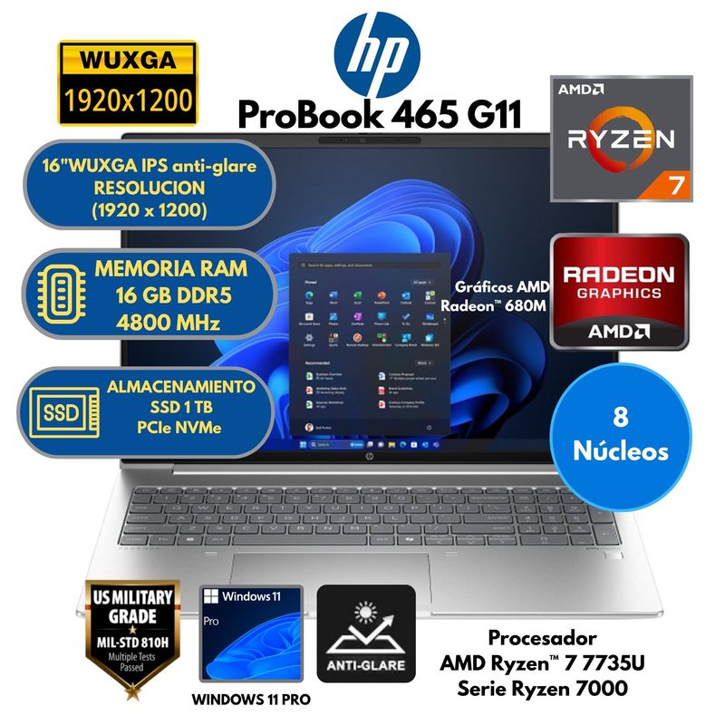 HP - Laptop HP AMD Ryzen 7 (ProBook 465 G11) RAM 16 GB SSD 1 TB 16" WUXGA Windows 11 PRO