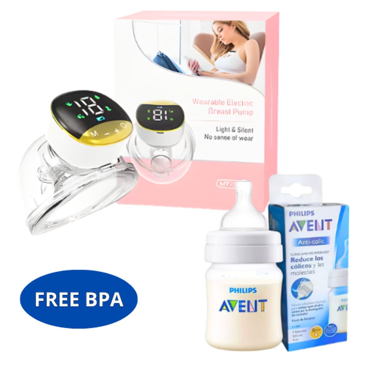 GENERICO - Extractor de Leche Portatil Manos Libres Dorado + Biberon Anti Colicos 4oz