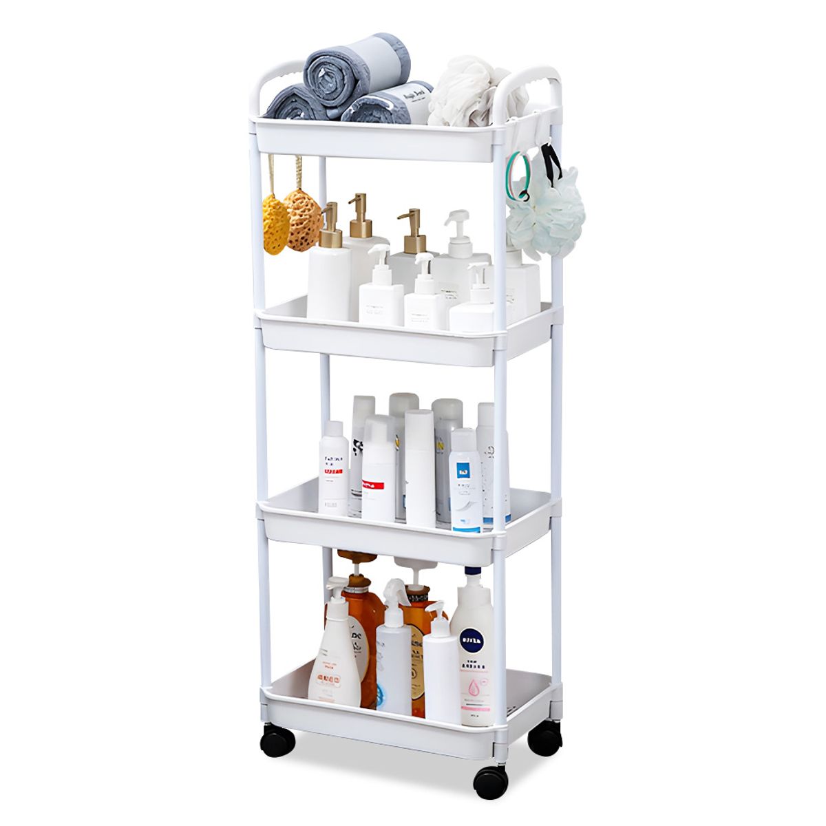 KELLER - Carrito Organizador 4 Niveles con Ruedas y Colgadores para Baño Blanco C78