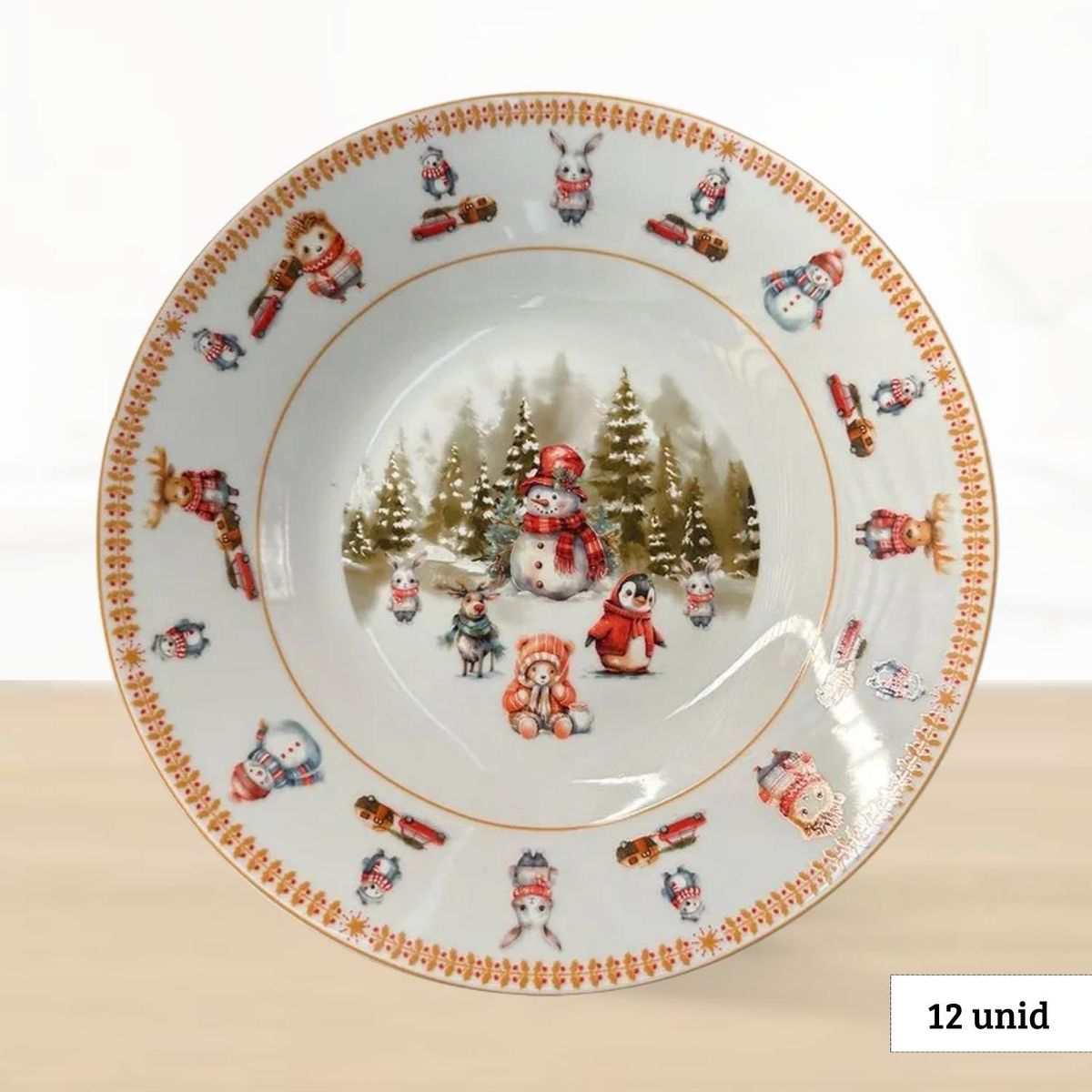Plato Hondo Navideño Muñeco Nieve 9 Pulgadas 12 Unidade, marca Ichimatsu - Foto Principal