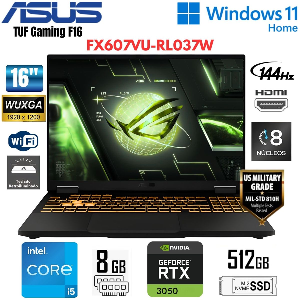 ASUS - Laptop Asus TUF Gaming F16 Rtx4050 Intel Core 5 210h 8gb Ram 512gb Ssd F16 FX607VU-RL037W 16" Fhd