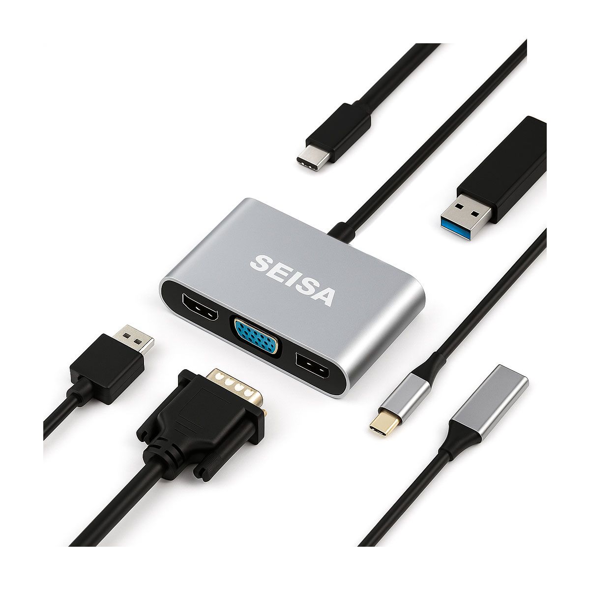 SEISA - Adaptador Multifuncional Usb tipo C a Hdmi Vga Auxiliar USB 3.0 y Aux